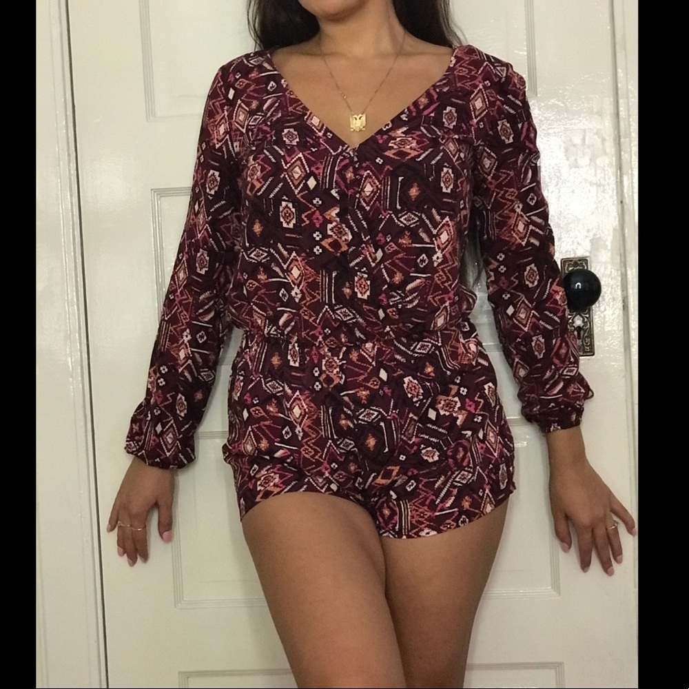 Maroon Floral Print Romper Button Up